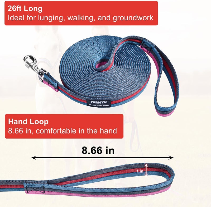 Fornyk حبل لنج للخيول، حبل لنج خيلي مع مشبك زنبركي معدني دوار صلب لتدريب الفروسية بدقة، المنافسة والاستخدام اليومي، 26 قدم/8 متر (أسود-أحمر-وردي-أزرق ضبابي) - Image 2